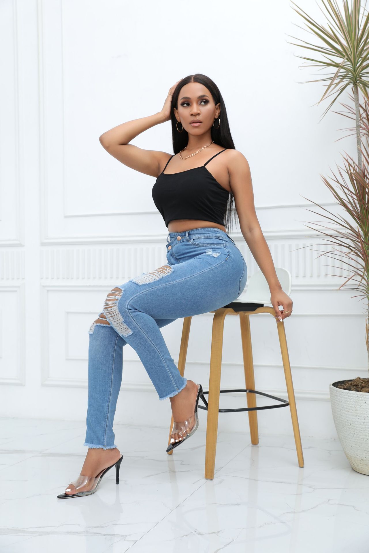 New Fashion Denim Ripped Long Pants, Sexy High-Waisted European And American Slim-Fit Pants For Women 2023_ecoleips.com