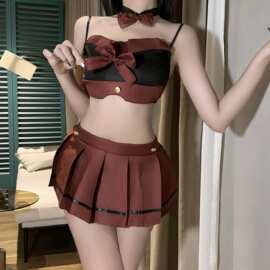 若棠情趣内衣性感挂脖短睡裙百褶裙制服纯欲蕾丝花边露背学院风