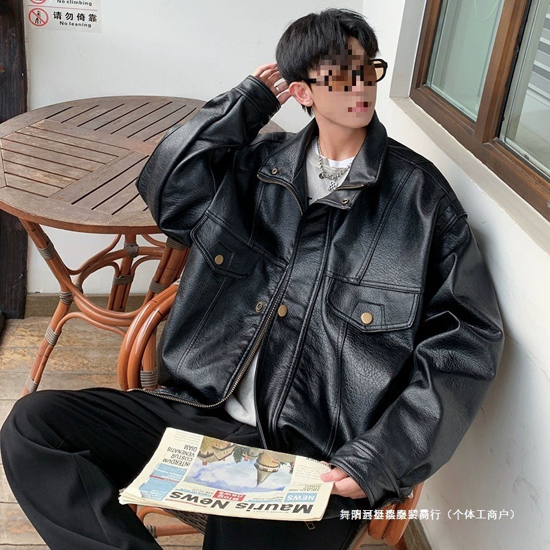 荔枝纹复古机车皮衣男宽松韩版短款立领夹克外套潮流机车黑色