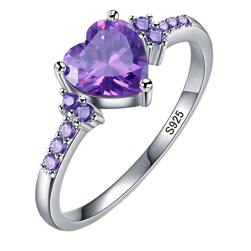 wish Hot Sale Natural Amethyst Zircon Silver Ring Fashion Wedding Heart Ring Jewelry Women Factory Direct Sale
