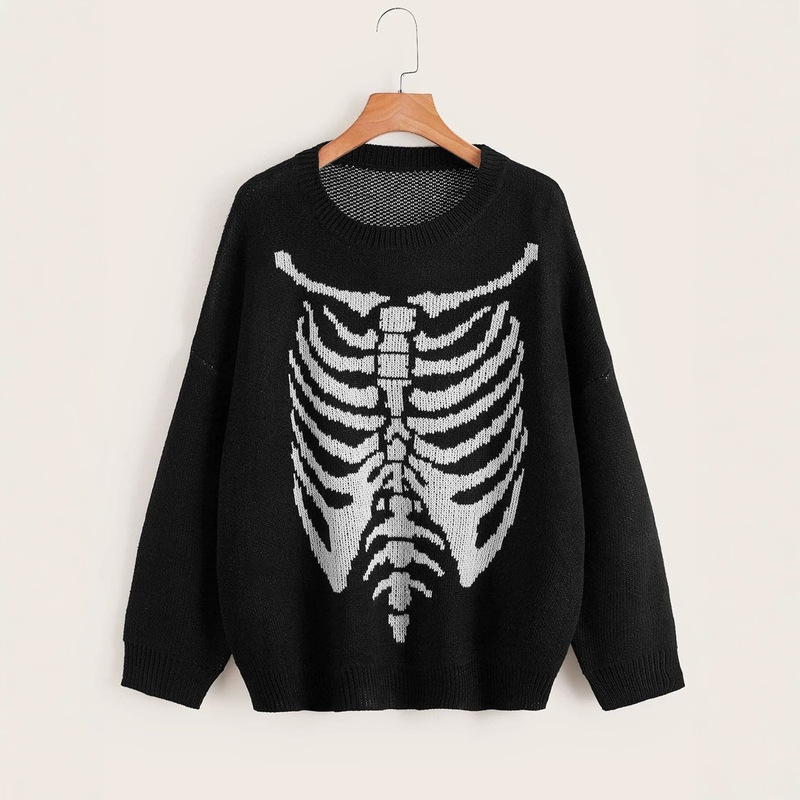 Cross-Border Hot-Selling Halloween Skull Pullover Sweater, Round Neck, Long Sleeves, Dark Style Halloween Sweater, Knitted Women's Clothing Cross-Border Hot-Selling Halloween Skull Pullover Sweater, Round Neck, Long Sleeves, Dark Style Halloween Sweater, Knitted Women's Clothing