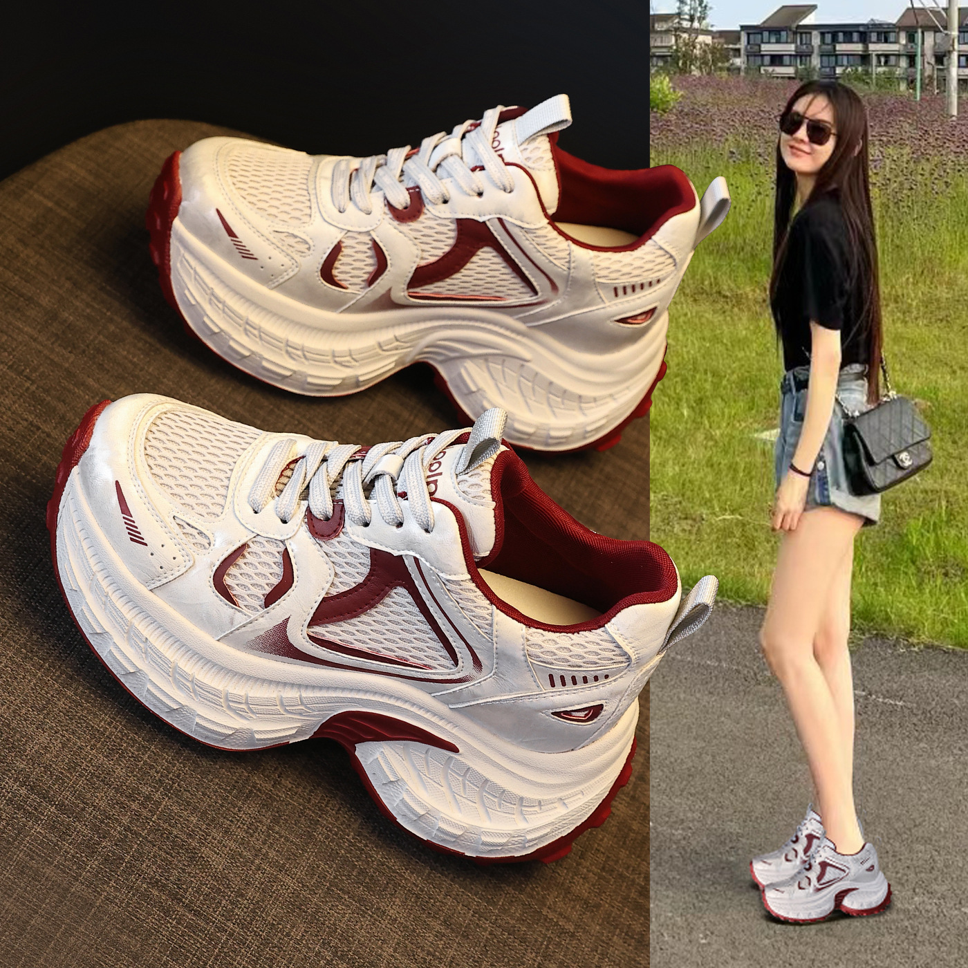 Giày thể thao nữ đế dày tăng chiều cao, phong cách dad sneaker, lưới thoáng khí — xanh lam