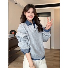 亚马逊速卖通eBay独立站设计感假两件拼接灰色卫衣女宽松长袖上衣
