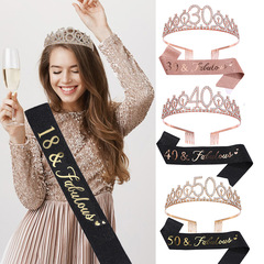 European and American Fashion Alloy Crystal Birthday Crown Shoulder Strap Etiquette Band Birthday Party Headwear Belt Sash 2-Piece Set
