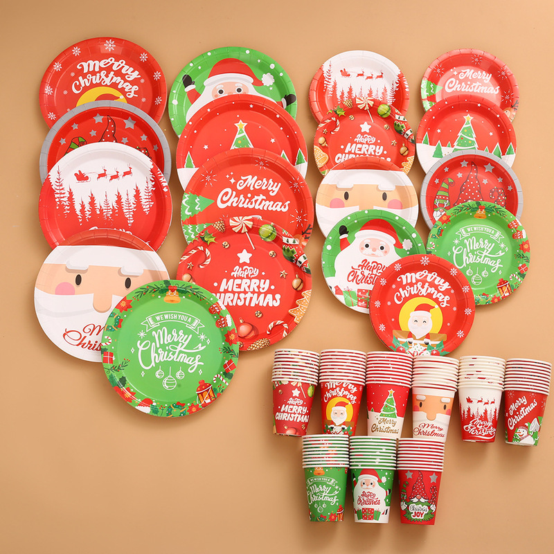 Cross-Border Christmas Party Decoration Disposable Dinner Plate Cartoon Santa Claus Plate Paper Cup Set Party Tableware