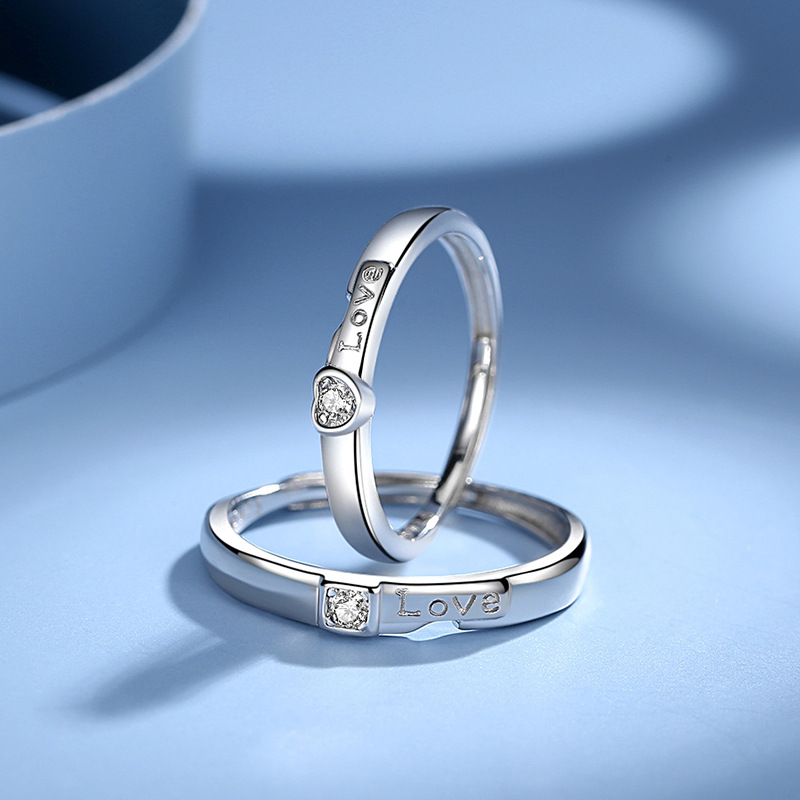 Anillo de pareja de plata esterlina S925 con letras de diamantes anillo de pareja encantadora nicho de moda de alto grado de lujo ligero sin desvanecimiento joyería de boca abierta