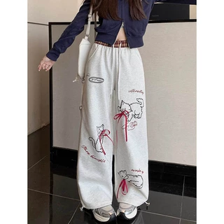 涂鸦猫咪印花蝴蝶结拼接休闲裤女秋季新款慵懒风宽松直筒阔腿裤子