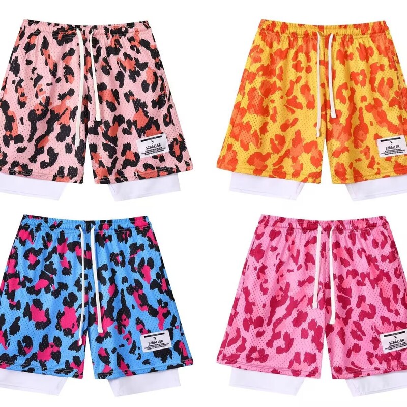 American-Style Leopard Print Casual Shorts for Men and Women, Beach Shorts, Quarter-Length Shorts, Summer Loose Casual Dopamine Print Trendy