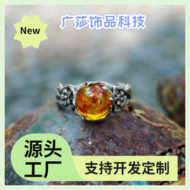 宇蝶跨境新款泰银水滴琥珀石蜜蜡手饰 镶花简约气质戒指 厂家现货