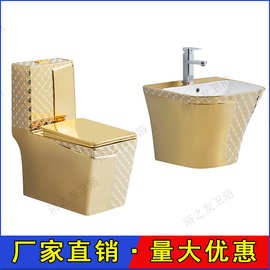 厂家直销格子图案金色电镀方形虹吸式连体马桶欧盟墙式洗手盆套装