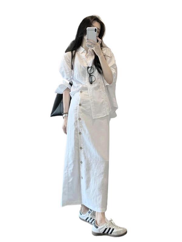 白色排扣半身裙女2025夏季新款小个子高腰显瘦一片式直筒中长裙子|undefined