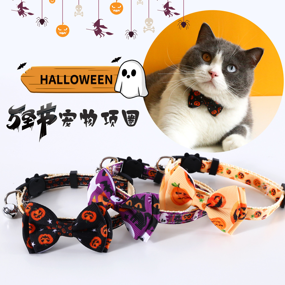 Mascotas gatos conejos perros collares de arco de Halloween calabaza impresión anti-asfixia collar accesorios de campana