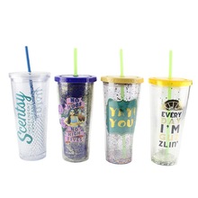 20oz双层平盖吸管杯可加亮片水杯PS塑料健康饮水杯可定 制logo