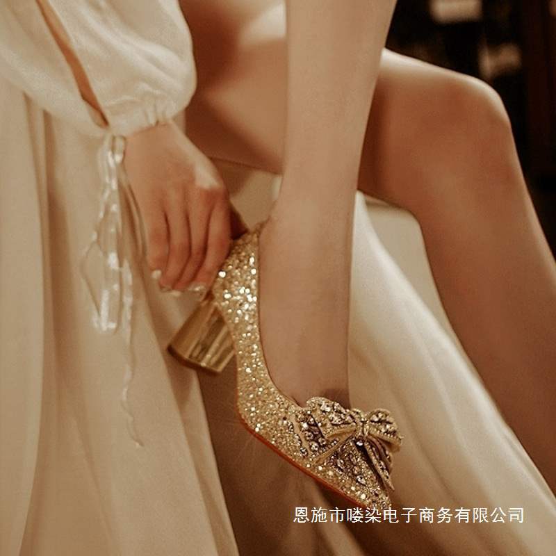 Bridal Wedding Shoes for Women 2025 New Style Thick Heels That Are Not Tiring for the Feet, Main Wedding Shoes That Can Be Worn with High Heels in Large Sizes