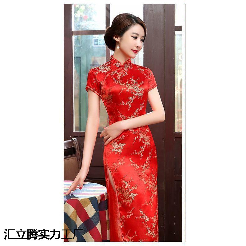 Cheongsam Short-Sleeved Mid-Length Large Size Republic of China Style Retro Slim Long Ceremonial Model Catwalk Performance Dress Dropshipping