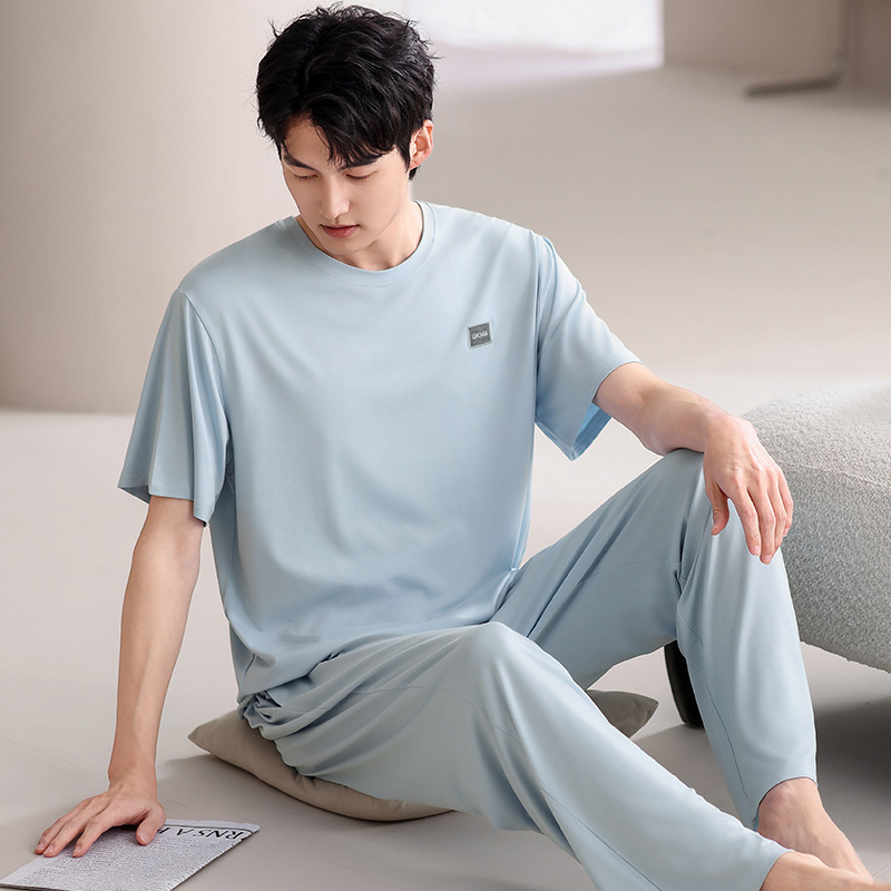 男性用パジャマ夏の新しいモーダル半袖ズボン 2 点セットティーンエイジャー薄型スタイルは家の服の外で着用できます大きいサイズ|undefined