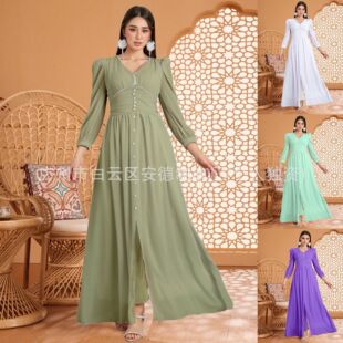 European and American Women's Elegant Studded Waist Solid Color Chiffon Dress Middle East and Central Asia Independent Station Amazon Cross-Border New Style