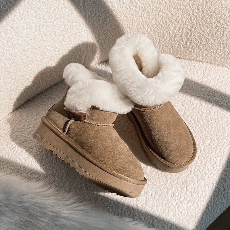 Женские короткие зимние сапоги 2025 года, новые зимние хлопковые сапоги с плюшевой подкладкой и утолщенной подошвой, нескользящие женские сапоги из натуральной кожи.