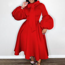 外贸独立站大码女装冬泡泡袖系带蝴蝶结大裙摆宴会礼服欧美连衣裙