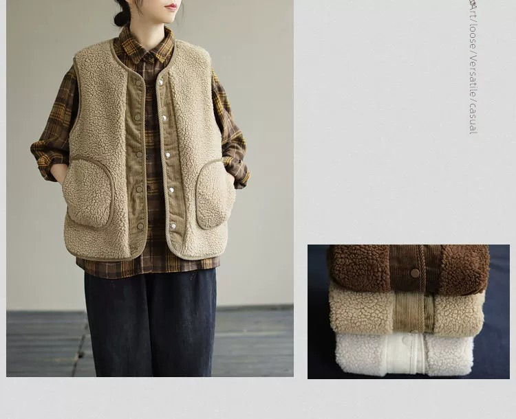 Gilet in pelliccia di agnello bifacciale per donna autunno e inverno Nuovo gilet retrò artistico ampio in velluto a coste cappotto positivo e negativo cappotto imbottito in cotone_voghion.com