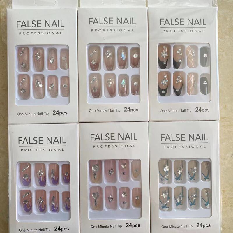 New Wear Armor 24 Boxed Nail Armor Almond Armor Multi-diamond Nail Sticker Fake Fingers Cross-border Wholesale Amazon