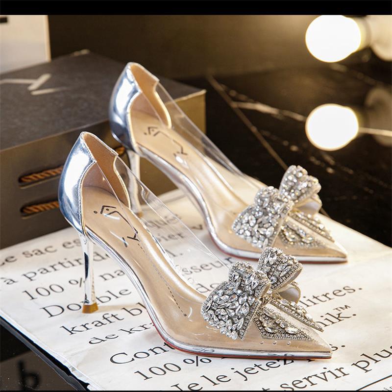 Bright Diamond High-Heeled Shoes for Women 2026 Summer Crystal Transparent Women's Shoes with Thin Heels, Pointed Toes, Rhinestone Bows, Champagne Color Wedding Shoes