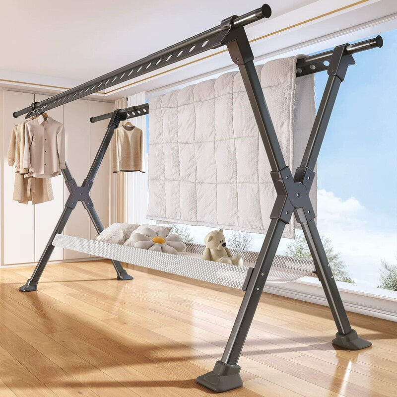 Floor-standing clothes rack for home use on the balcony, foldable and extendable clothes drying rack, indoor and outdoor clothes hanger, quilt drying tool Floor-standing clothes rack for home use on the balcony, foldable and extendable clothes drying rack, indoor and outdoor clothes hanger, quilt drying tool