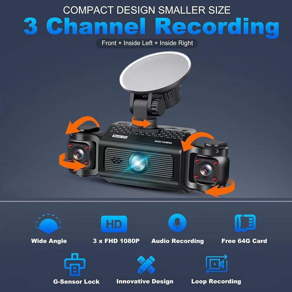 Four-lens dashcam with front and rear dual recording + four-way HD night vision for left and right blind spots, and app connectivity for reverse image display