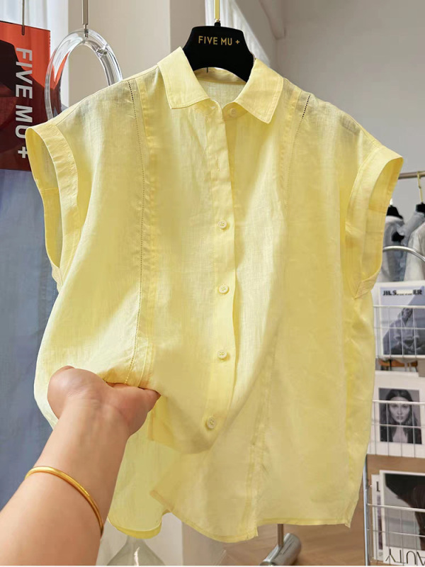 高級ピュアリネンベスト半袖ラペルシャツ女性用夏気質フレンチスタイル超見栄えの良い軽い高級ハイエンドトップ|undefined