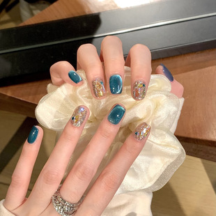 White Lake Blue Cat's Eye Diamond Short Wear Armor Retro Light Luxury Nail Pieces Fake Nail Pieces 30 Finished Box