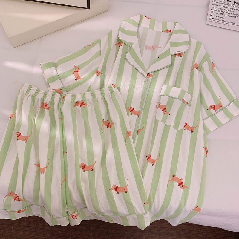 Nube de algodón pijama de mujer nuevo verano verde rayas perros dulces ociosos ropa de casa de estudiantes de tres piezas para vestir
