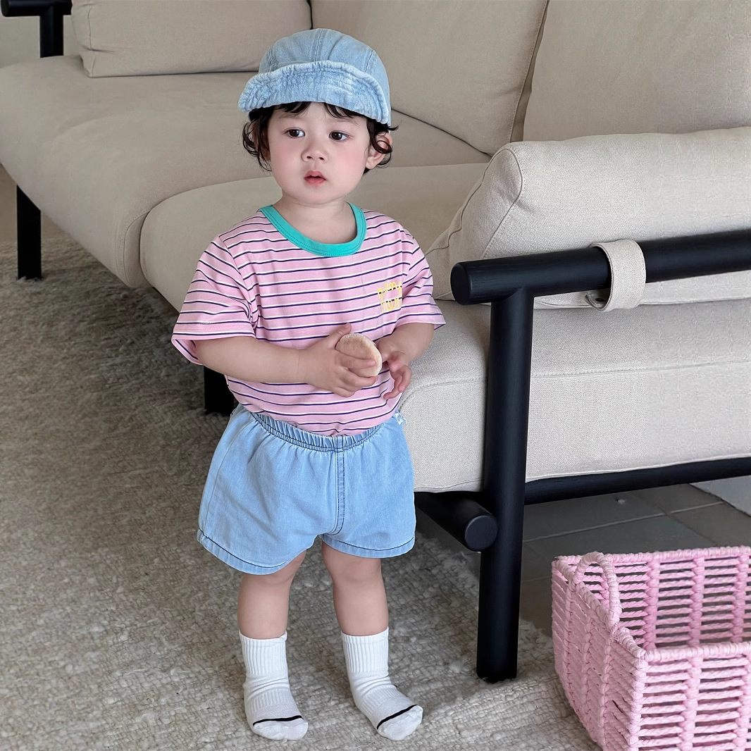 Children's Summer Stripesd Short-Sleeved T-Shirt Denim Shorts Suit Boys New Korean Style Kidsren's Clothing Baby Clothes Thin
