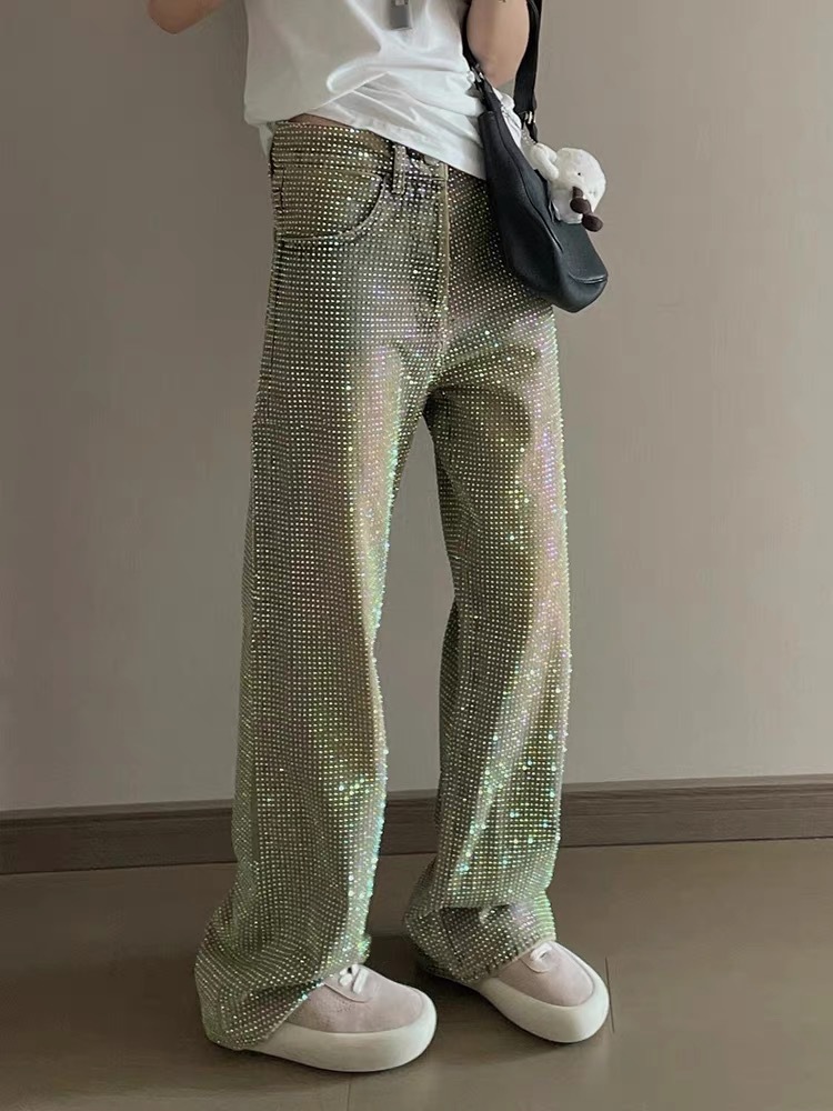 Hot Girl Design Full Diamond Jeans Women's Spring And Summer New Personality Full Of Stars Niche Straight Long Pants