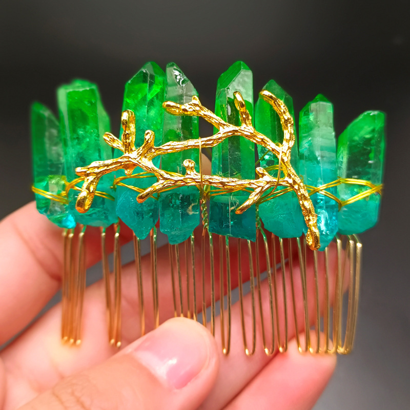 블루 그린 크리스탈 + 골드 헤어 빗 골드 브랜치