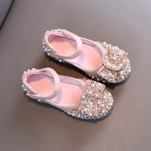 2024 Girls' Single Shoes Spring and Autumn New Leisure Diamond Butterfly Knot Medium and Small Children Dance Shoes Performance Shoes Princess Shoes