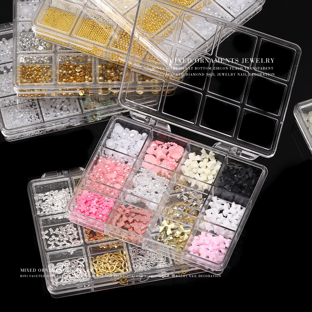 12 piezas de joyería de diamantes de manicura plana de fondo plano intermitente checo de diamantes de formas especiales joyería de mariposa de lentejuelas de uñas de perlas de todo fósforo