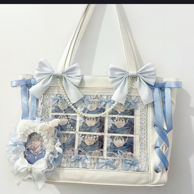 Japanese Silk King Pain Bag Ribbon Bow Cute Handbag Large Capacity Clear Grain Shoulder Tote Bag Japanese Silk King Pain Bag Ribbon Bow Cute Handbag Large Capacity Clear Grain Shoulder Tote Bag