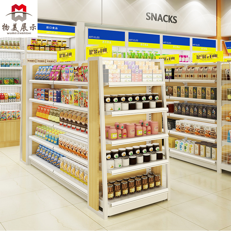 Estanterías para snacks, alimentos importados, tiendas de maternidad y bebé, expositores, vitrinas de farmacia, estanterías de madera y acero de una y dos caras, almacenamiento comercial