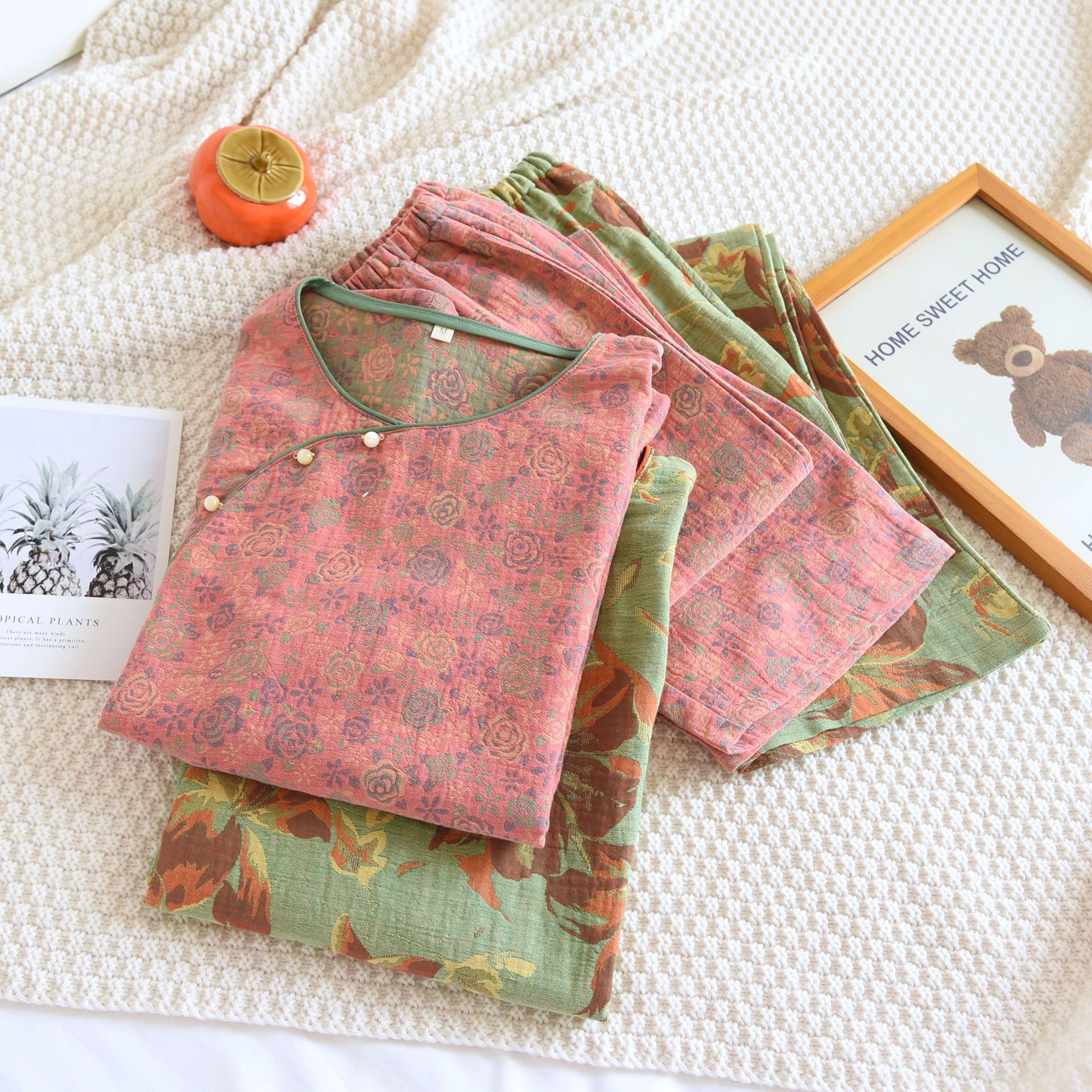 四季薄款女睡衣色织双面提花套大码复古家居服长袖长裤中国风棉纱