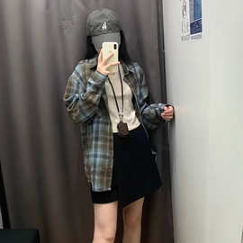 双色磨毛格子衬衫男女秋季新款复古美式宽松长袖衬衣情侣外套