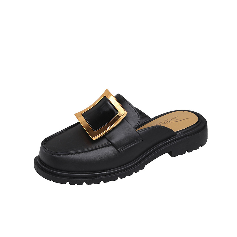 Nuevas medias zapatillas de mujer desgaste exterior perezoso medio soporte hebilla cuadrada punta cerrada slip-on plataforma casual Sandalias planas al por mayor