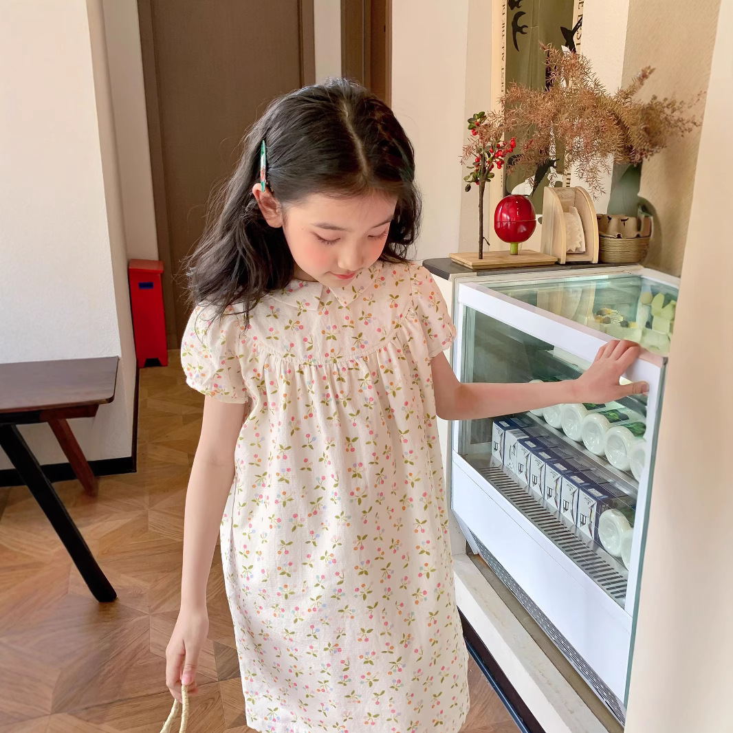 in stock 25 Spring and Summer Girls French Doll Collar Sweet Cherry Print Elegant dress Lapel A- line Skirt