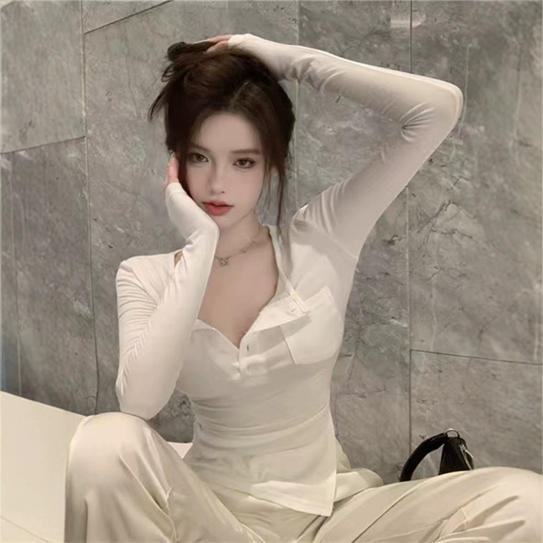 Design Sense Pure Desire Sexy Tight T-Shirt Women's Spring & Fall Style Sexy Half Open Collar Waist Bottoming Shirt Top Winter