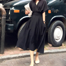 韩国东大门女装 chic夏季收腰V领潮流气质高腰线连衣裙女外贸出口