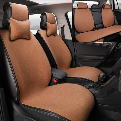 Seasons, Linen Car Seat Cushion, Ventilated Four Seasons Pad - brown-comfort-edition-with-2-neck-pillows-rear-split-design-general