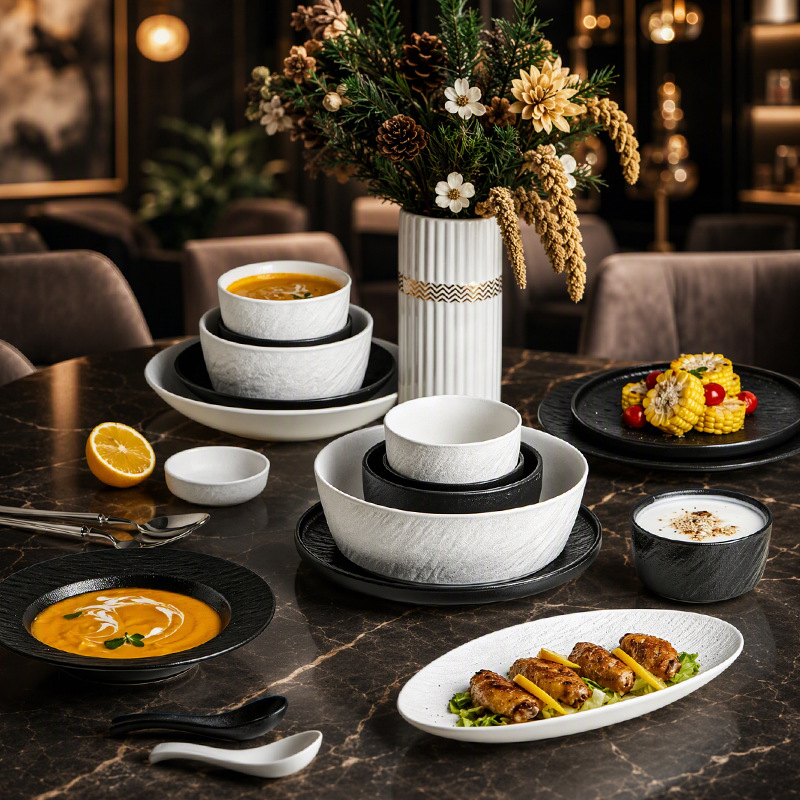 Rock-patterned solid-color ceramic tableware, including bowls, plates, and individual pieces, for home use; ceramic tableware set for DIY projects; high-end ceramic tableware