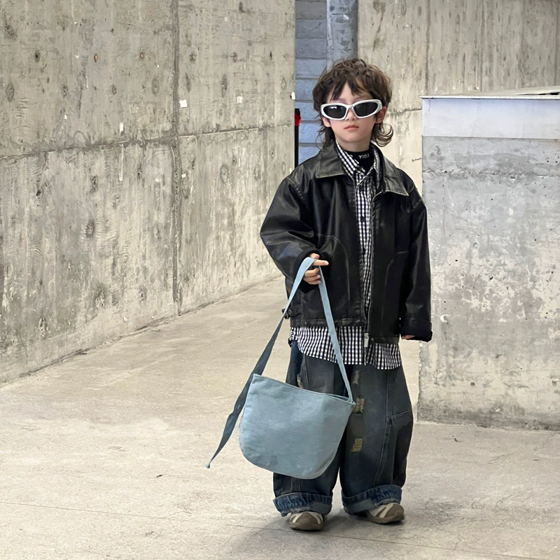 Brand denim shoulder bag for boys, Korean style, South Korea