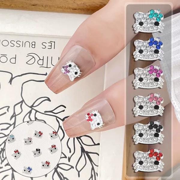 Full Diamond Kt Cat Nail Art Accessories Alloy Cat Metal Wearable Nail Diamond Decoration Hollow Cat Diamond-Encrusted Cat Head Nail Art Decoration