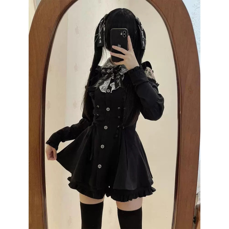 暗黑日系蕾系少女感蕾丝拼接收腰显瘦连衣裙高腰显瘦荷叶边短裙潮