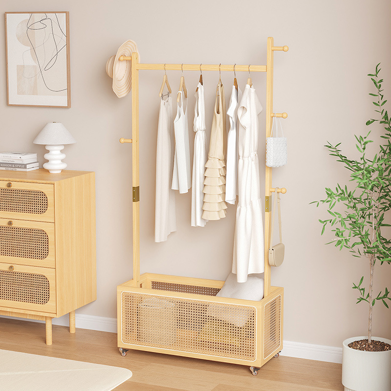 Percha de ratán de madera maciza, dormitorio, piso, sala de estar, hogar, estante de ropa junto a la cama, percha extraíble, canasta de ropa sucia